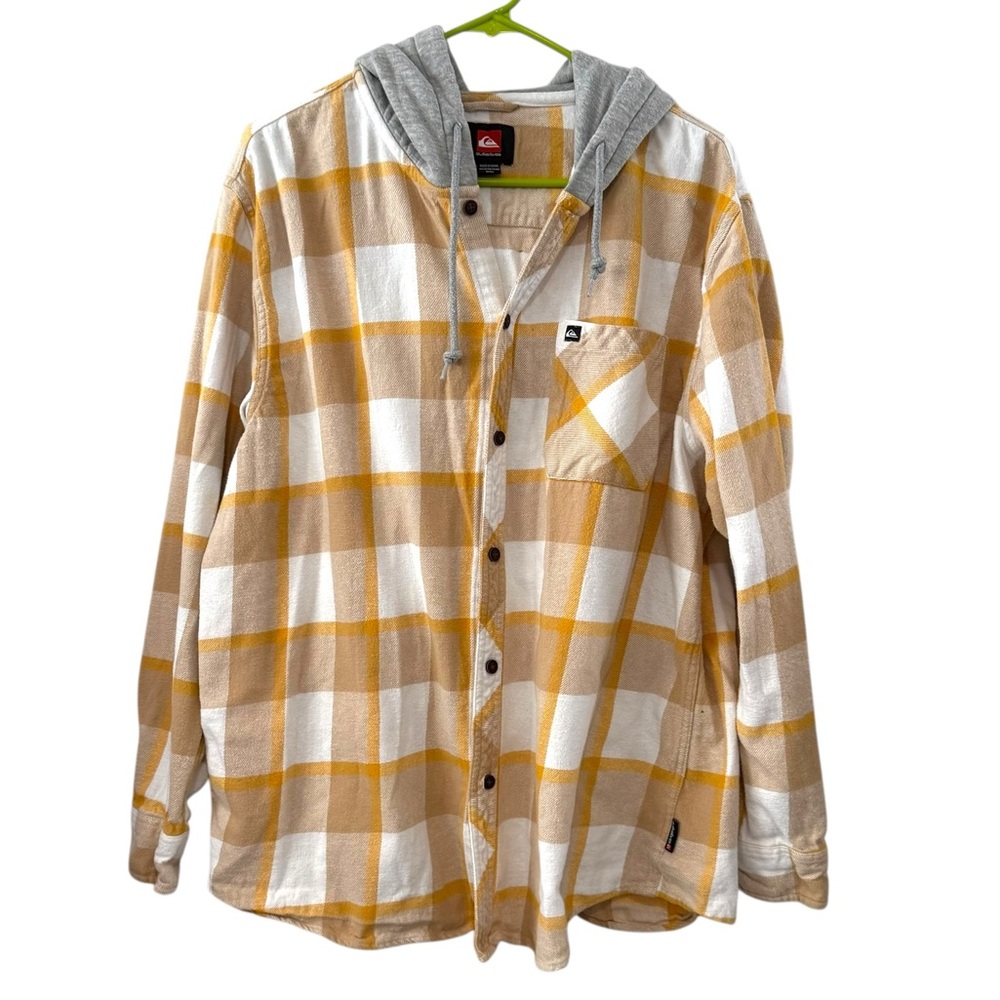 Quiksilver XL Yellow White Plaid Flannel Long Sleeve Hooded Shirt Cotton Blend